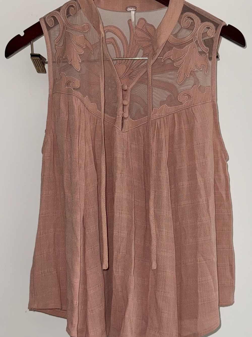 Free People Mauve Embroidered Tie-Neck Sleeveless Blouse